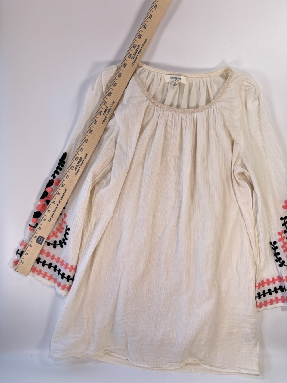 Umgee Women’s Embroidered Sleeve Peasant Blouse Cream Boho Size M - Picture 10 of 12